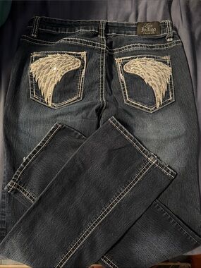 Love Indigo Dark Indigo Jeans with Beige Embroidered Wing Pockets
